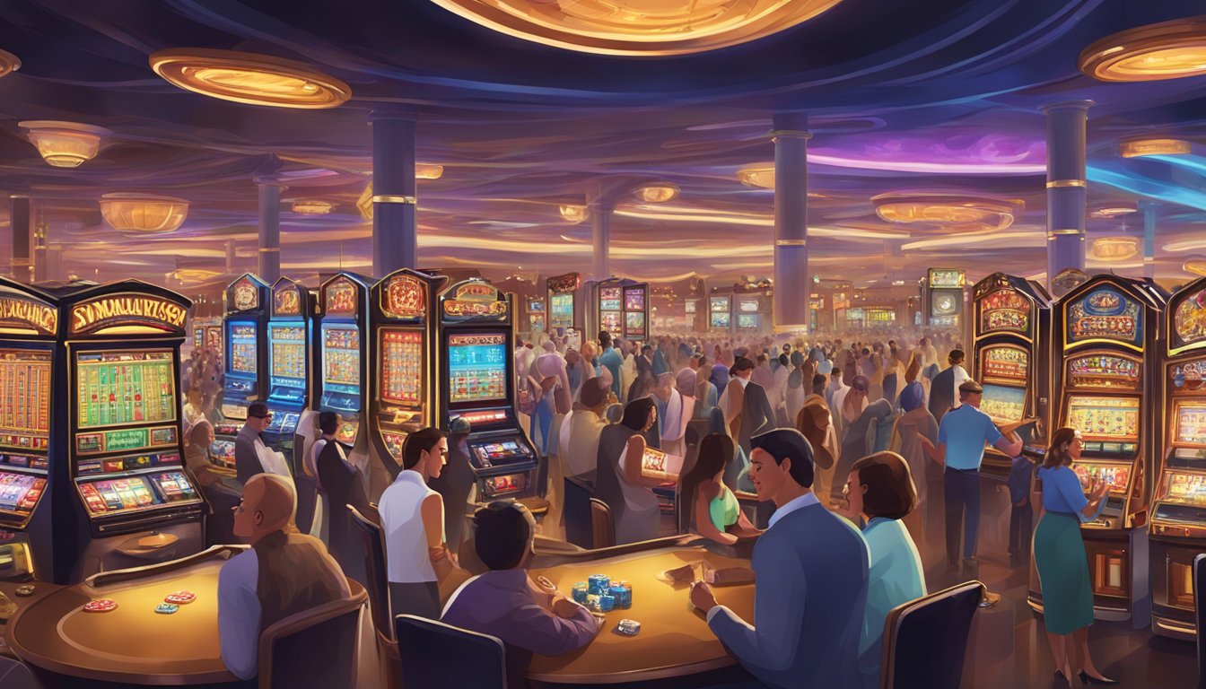 A bustling casino floor filled with flashing lights, slot machines, and excited patrons enjoying promotional events and special attractions