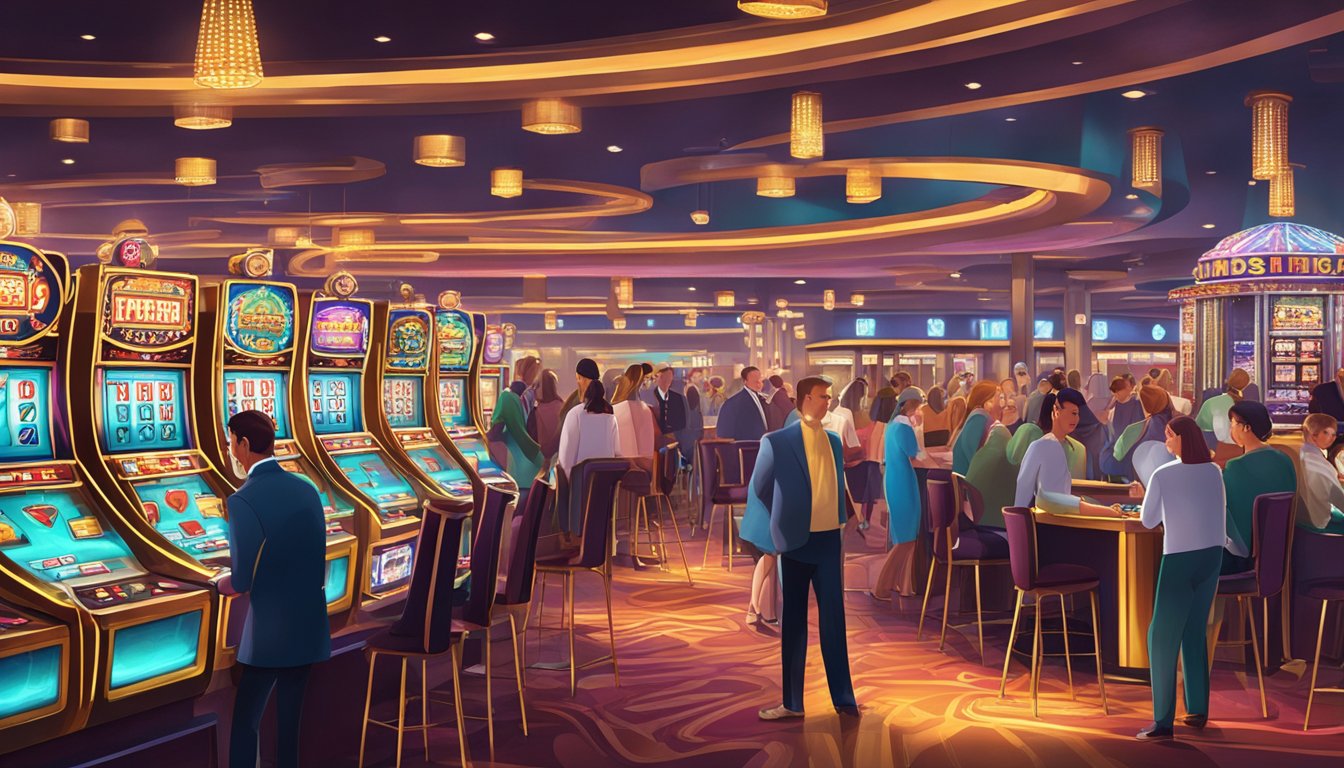 The bustling casino floor is filled with flashing lights and ringing slot machines, while the sound of chips clinking and cards shuffling fills the air. The atmosphere is alive with the excitement of people trying their luck