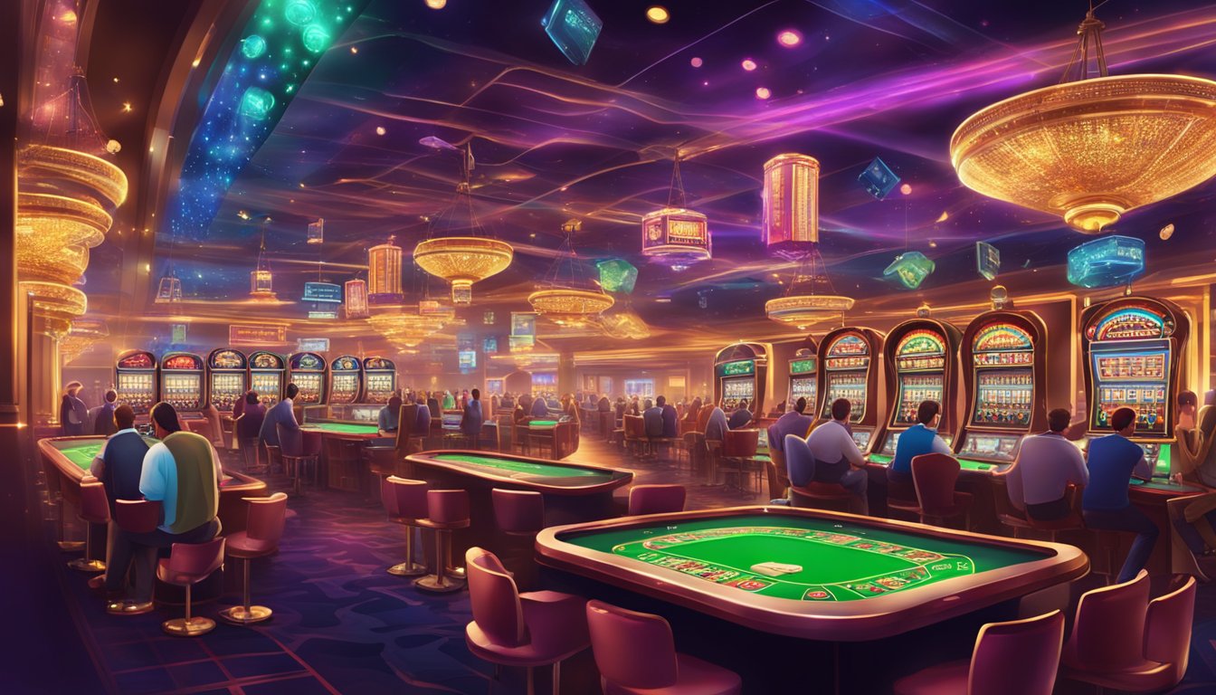 A bustling casino with colorful lights and a network of interconnected gaming tables and slot machines. Money flowing in and out, creating a lively and profitable atmosphere