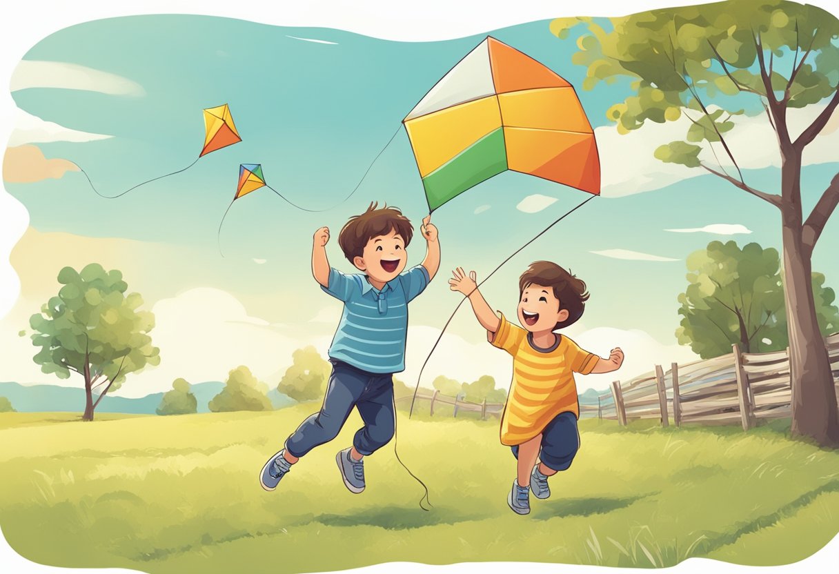 A child and an adult figure laughing and playing together, possibly engaged in a fun activity like flying a kite or playing catch