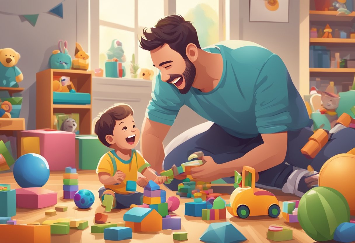 A father and child laughing and playing together, surrounded by toys and games, with a sense of joy and bonding