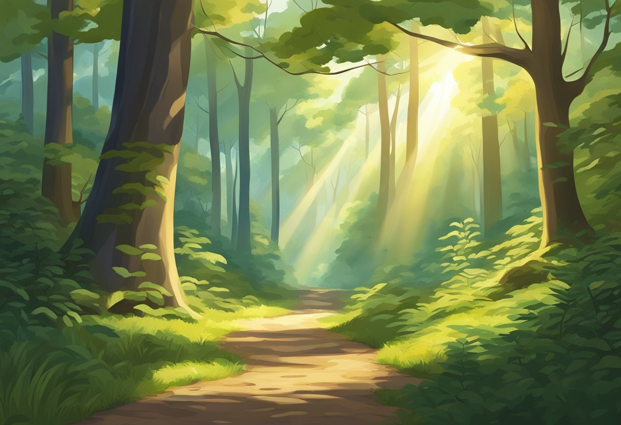 A serene forest with a winding trail leading into the distance, surrounded by tall trees and vibrant foliage. The sunlight filters through the leaves, casting dappled shadows on the ground