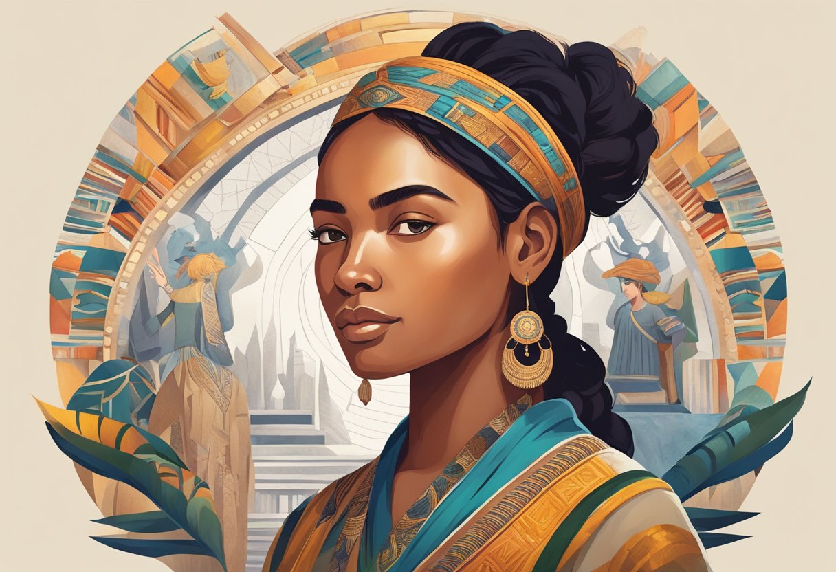 A young woman stands confidently with her head held high, surrounded by symbols of her heritage and culture, representing her strong sense of identity