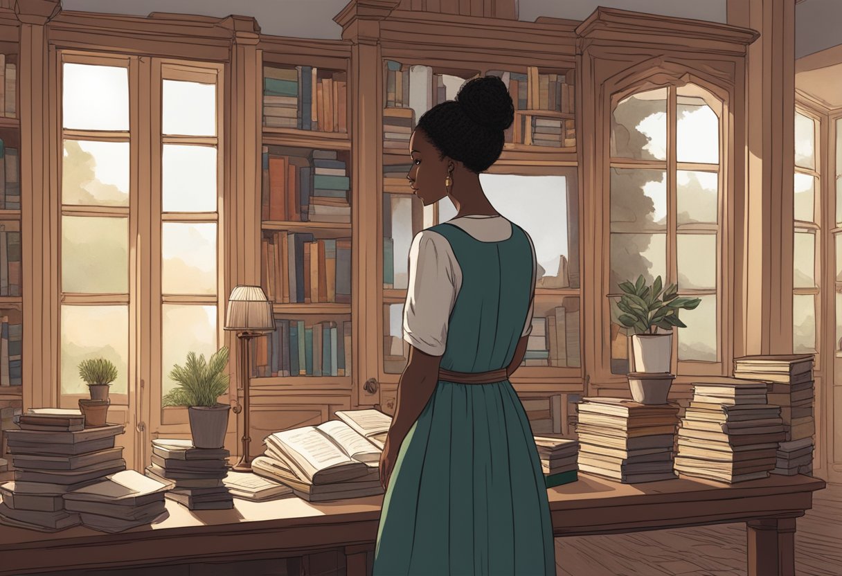 Beneatha stands in front of a mirror, deep in thought, surrounded by books and photographs. She looks contemplative, as if searching for something within herself