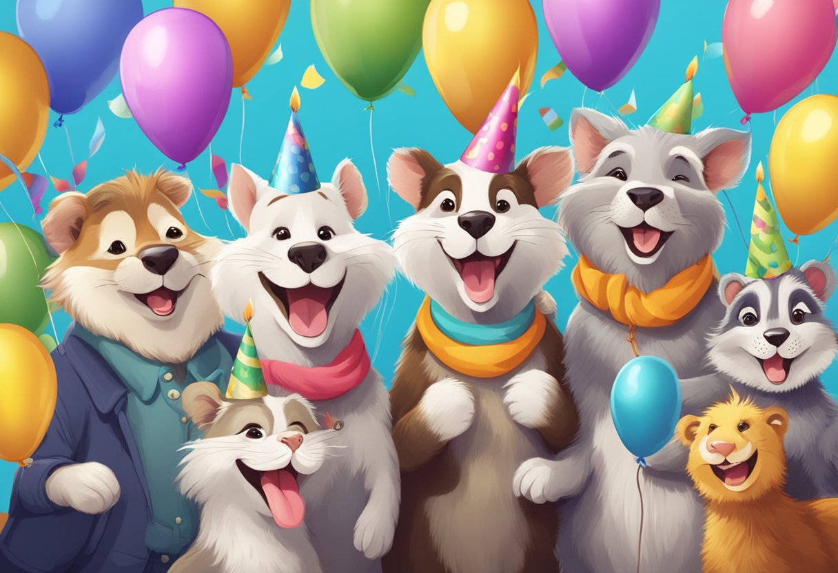 A group of elderly animals laughing together, surrounded by birthday candles and balloons