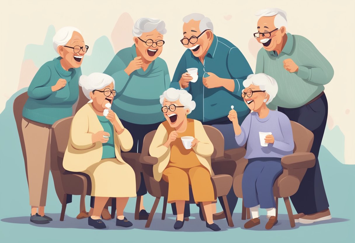 A group of older adults laughing and sharing funny quotes about aging. Some are holding their stomachs while others are wiping away tears of laughter