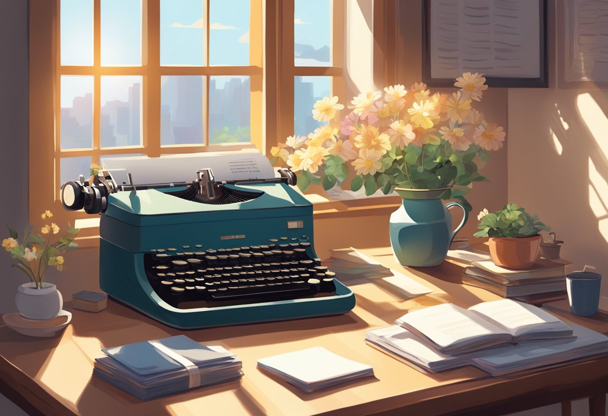 A cozy, cluttered desk with a vintage typewriter, scattered notebooks, and a pot of blooming flowers. Sunlight streams through a window, casting a warm glow on the writing space