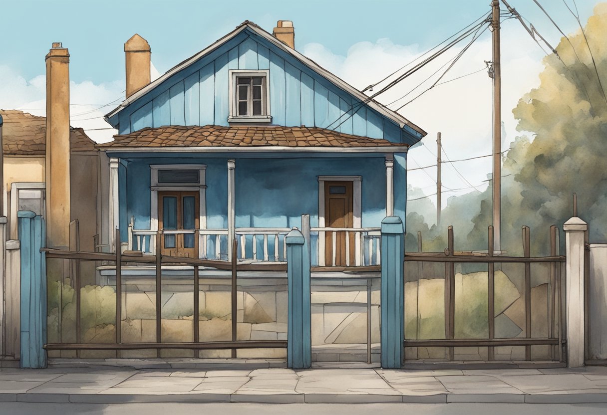 A small, worn-down house sits on a crowded street. The exterior is a faded shade of blue, with chipped paint and a rusty gate