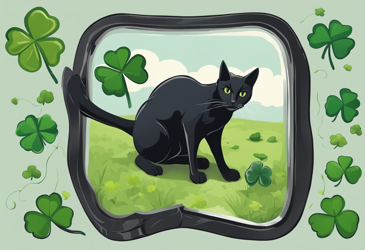 A broken mirror reflects a black cat crossing a path, while a four-leaf clover lies crushed under a boot