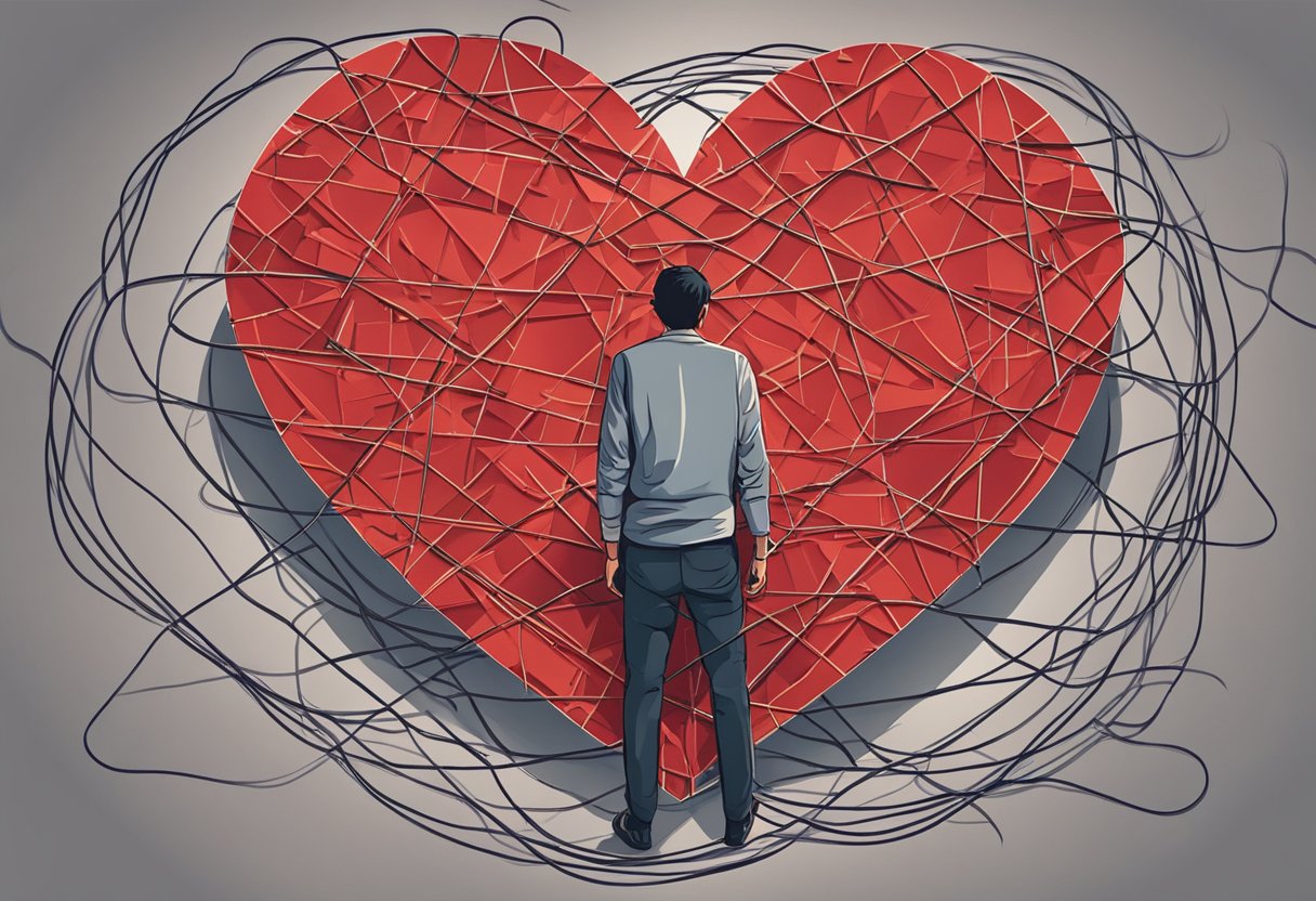 A broken heart-shaped puzzle with missing pieces, surrounded by tangled red string and a shadowy figure looking guilty