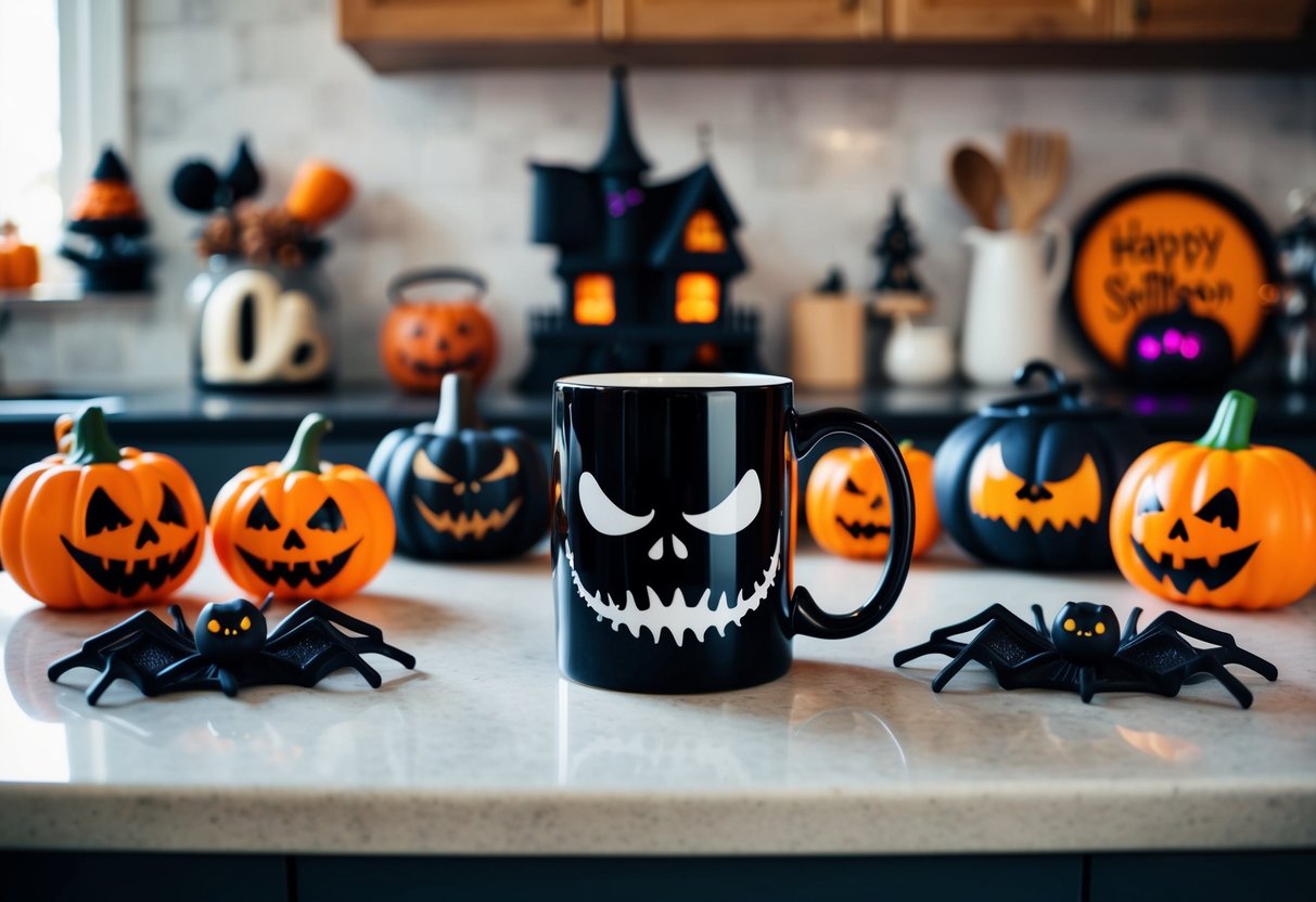 A spooky Jack Skellington mug sits on a kitchen counter surrounded by Halloween-themed decor and accessories