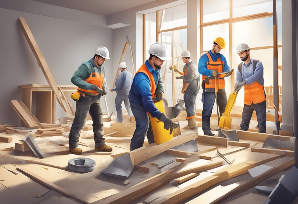 A team of workers renovating a house, with tools and materials scattered around a construction site