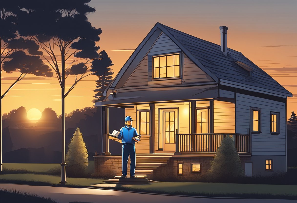 A contractor stands in front of a newly built house, holding blueprints and a toolbox. The sun is setting behind the house, casting a warm glow over the scene