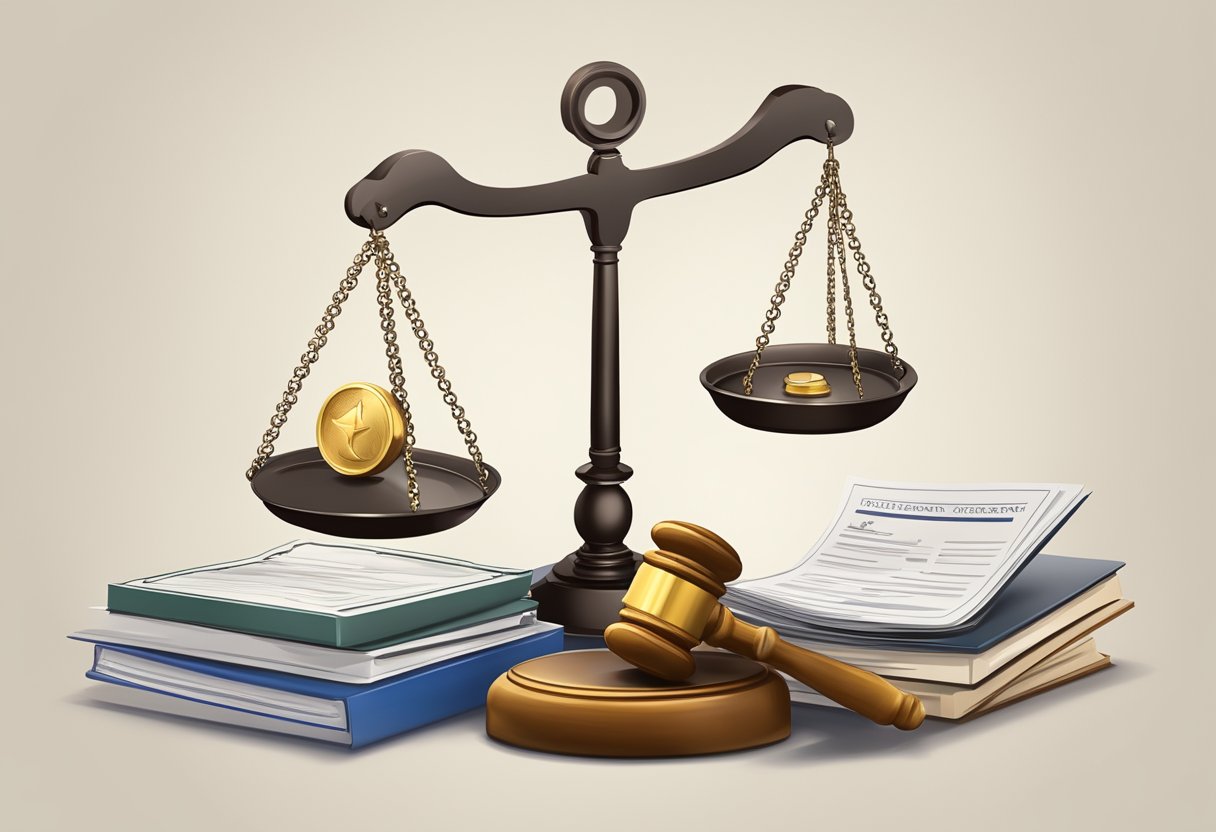 A scale balancing a gavel and a stack of legal documents, surrounded by symbols of various regulatory agencies