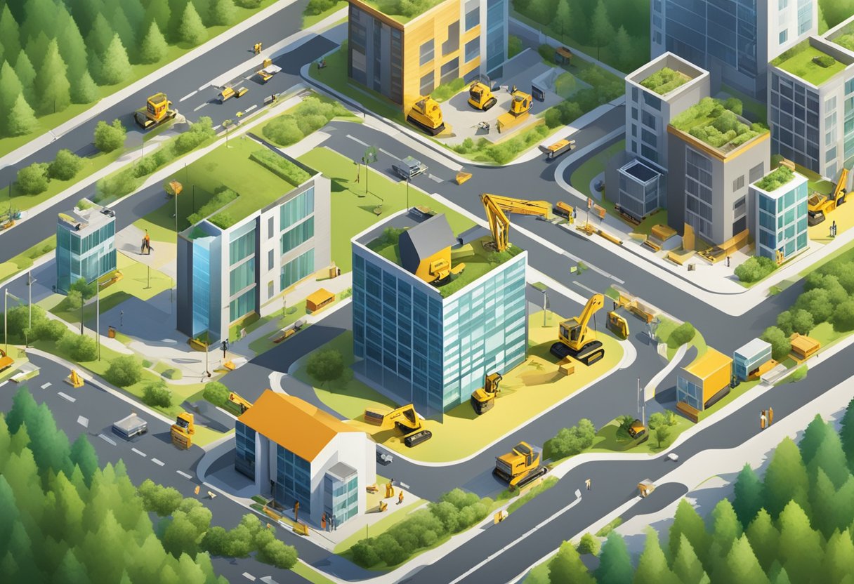 A group of buildings under construction, with workers and machinery, surrounded by greenery and signs of progress