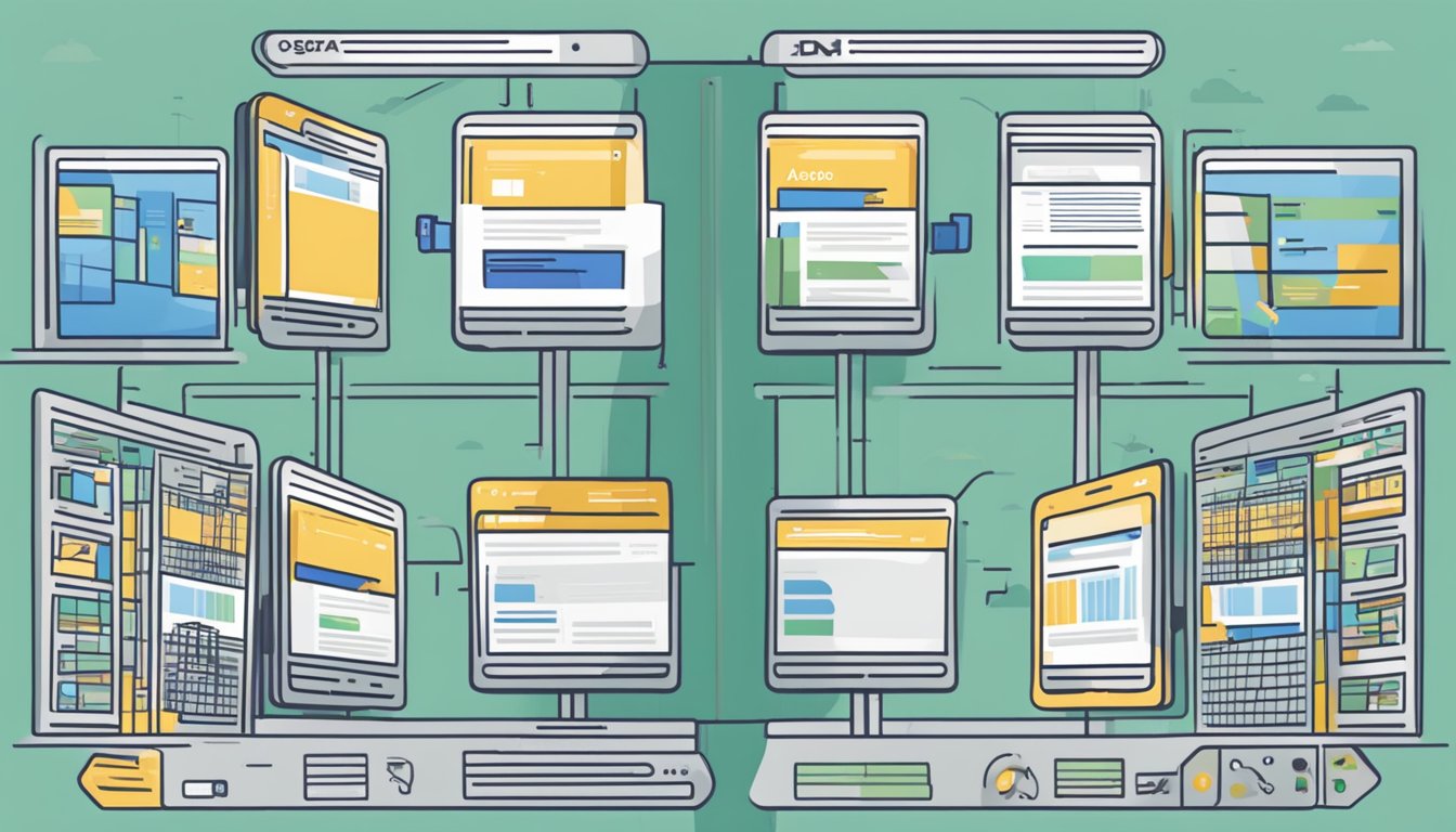 A split screen with two distinct sections, one labeled "AdSense" and the other "AdMob." Each section shows the respective platform's logo and interface