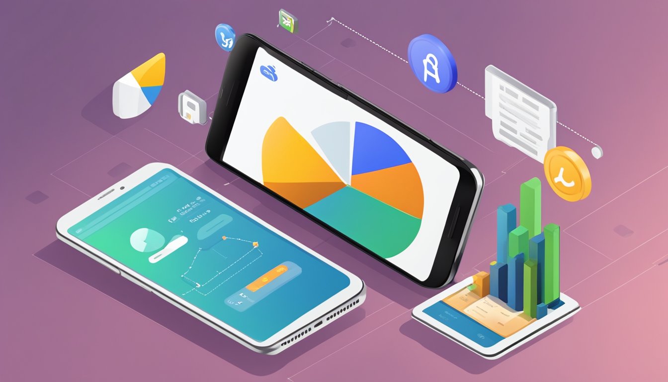 A smartphone displaying an app with AdMob ads. A graph shows revenue increasing. Another app has AdSense ads with a lower revenue graph