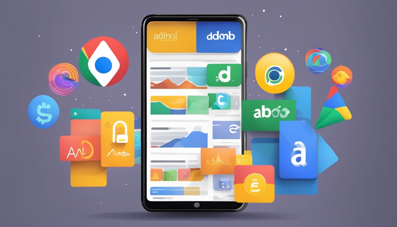 A smartphone displaying AdMob and AdSense logos side by side, with colorful, eye-catching ad banners popping up on the screen