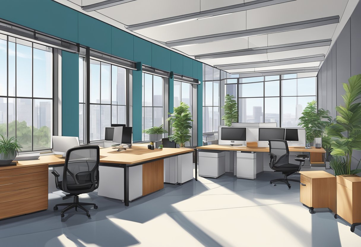 A modular office space with modern furnishings and large windows, reflecting the professional and innovative environment of Warren Buffett's business empire