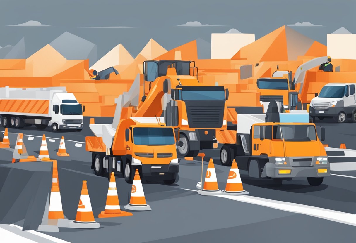 A busy highway with orange construction cones and workers repairing the road