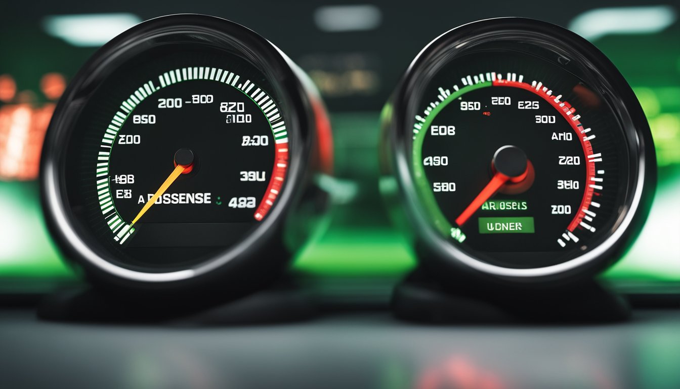 A website split in half, one side labeled "Adsense" with a speedometer in the red, the other labeled "Ezoic" with a speedometer in the green. User expressions differ between the two sides