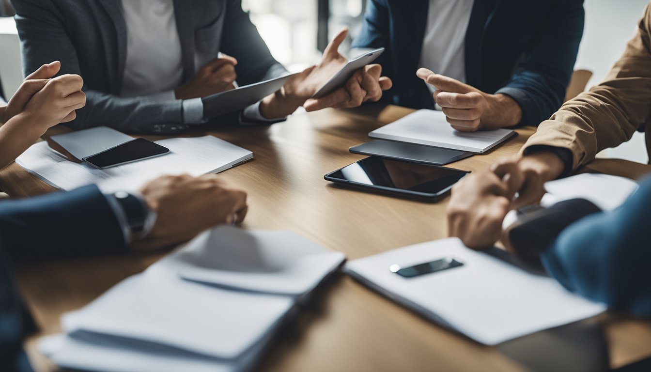 A group of people gather around a table, discussing and comparing the benefits of using AdSense versus Ezoic for their online advertising needs