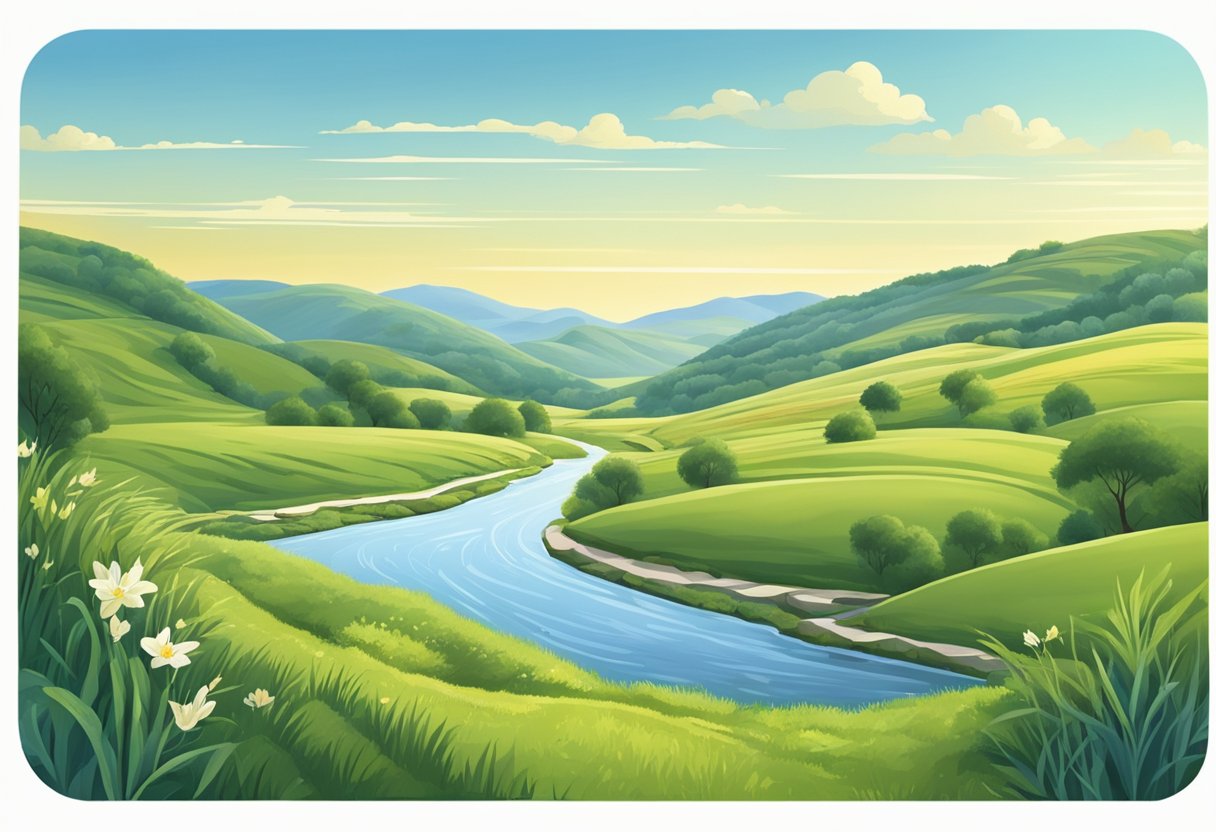 A serene landscape with rolling hills, a winding stream, and a clear blue sky