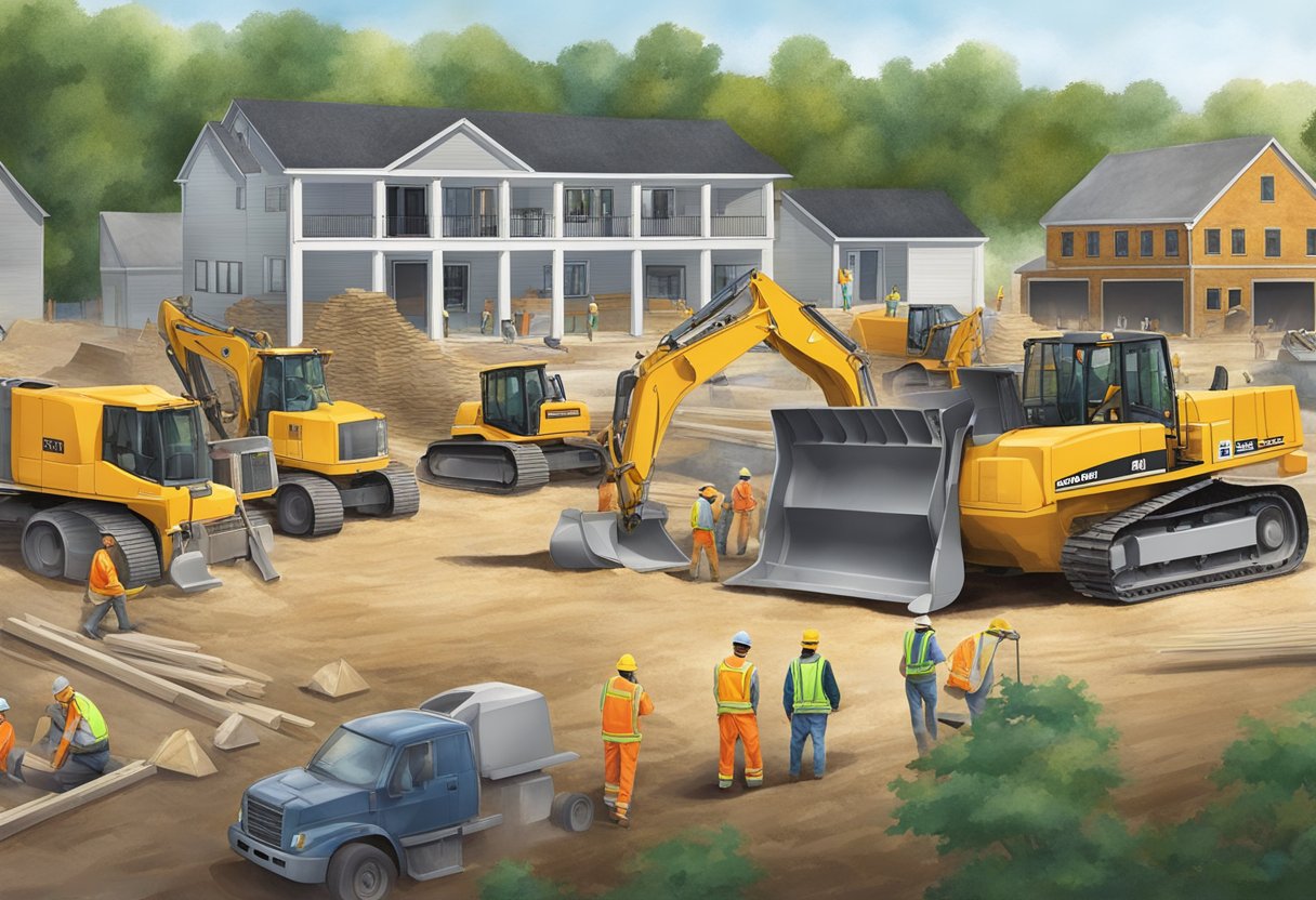 A construction site on Route 3 in Medina, Ohio, with workers and heavy machinery