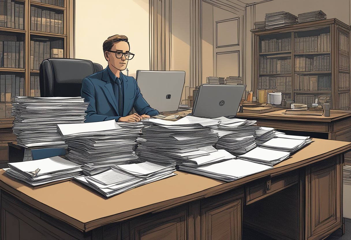 A cluttered desk with a stack of papers labeled "Mattocks Higgins Affidavit" in a dimly lit room in Boston