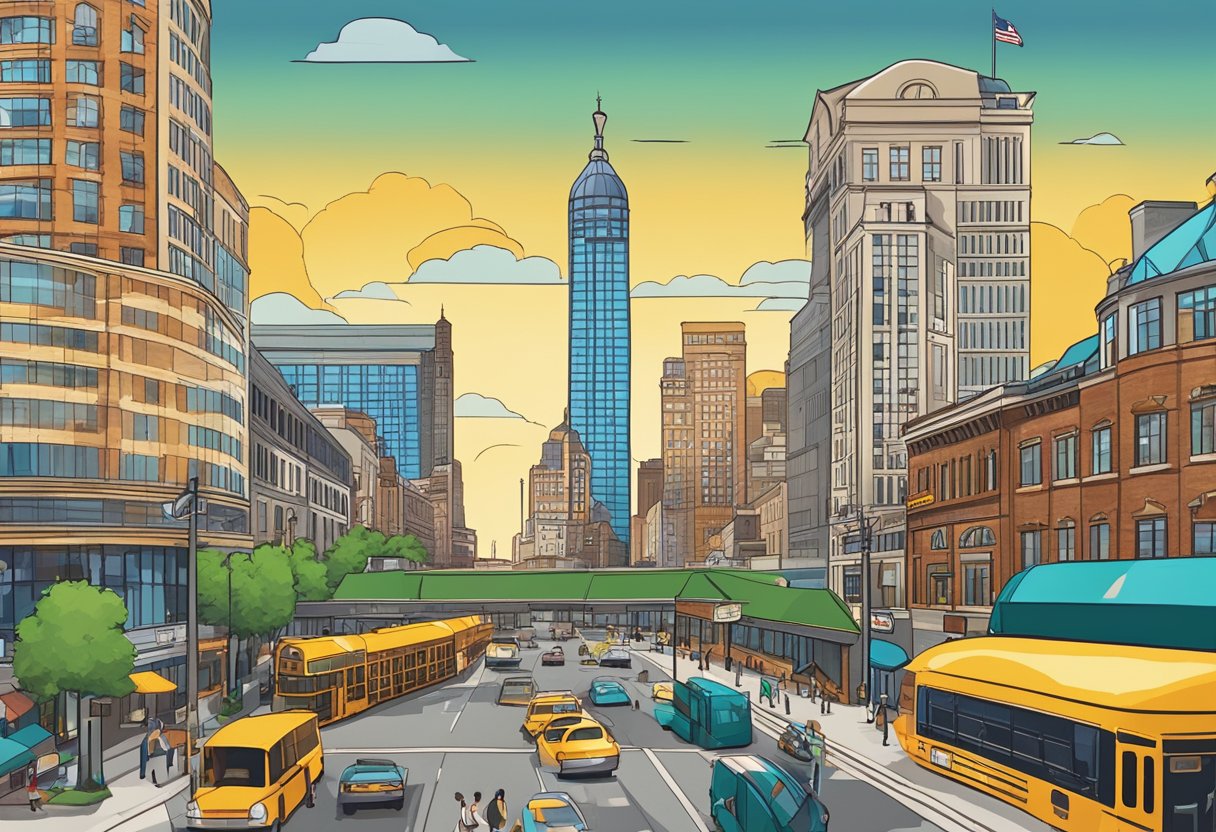 A bustling cityscape in Indianapolis with prominent landmarks and a vibrant atmosphere