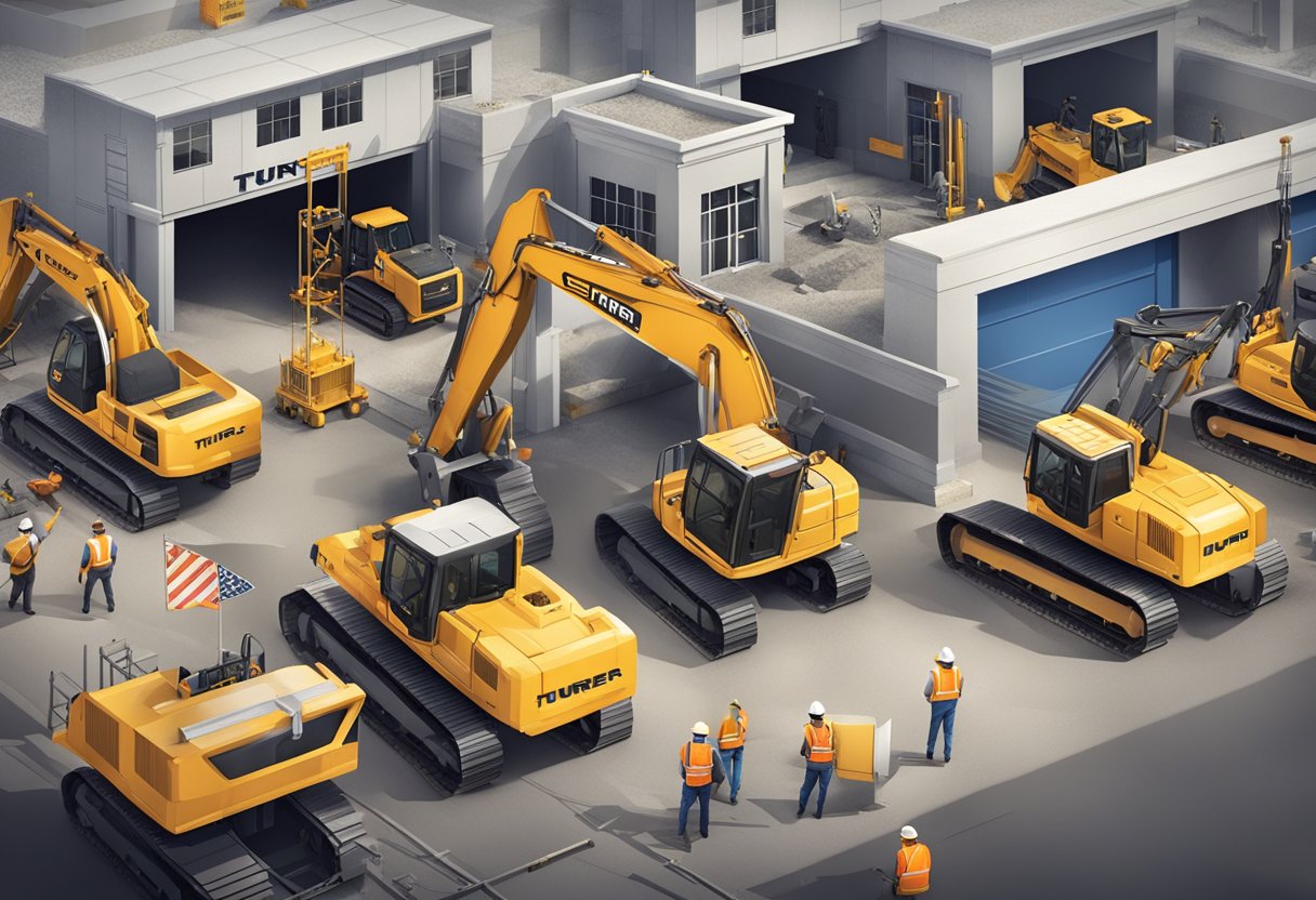 A construction site with Turner Construction signage and equipment, including cranes, bulldozers, and workers in hard hats