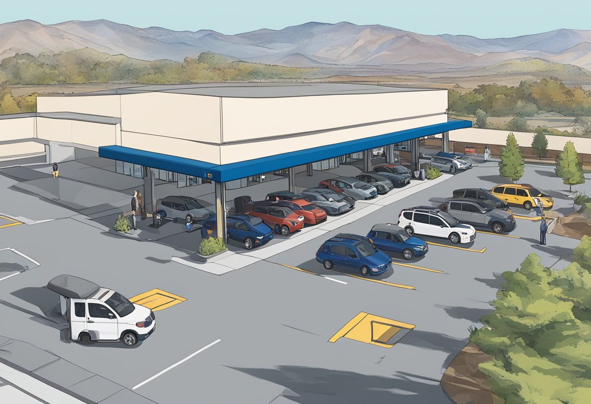 A parking lot with designated spaces, a ticket booth, and signage for UNR Parking Services. Various vehicles are parked in the lot