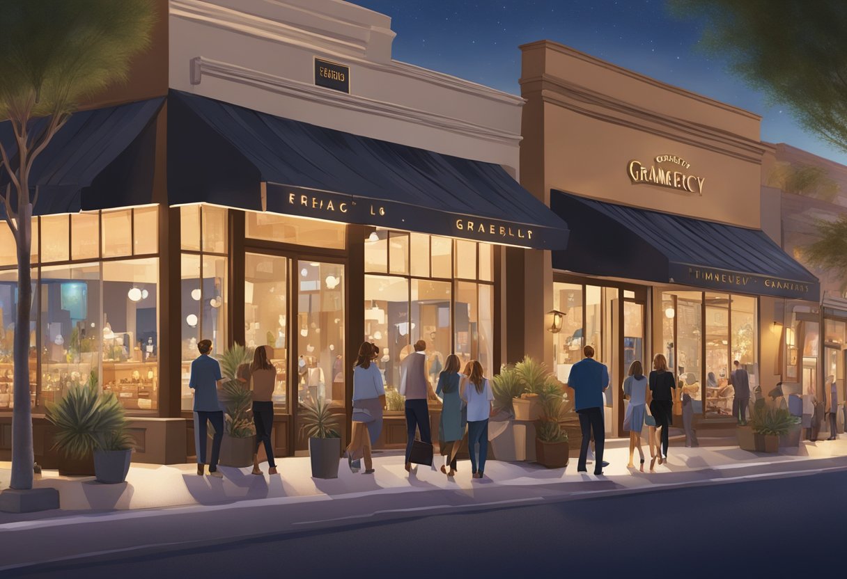 A bustling city street at dusk, with elegant storefronts and twinkling lights lining the sidewalks of Gramercy Scottsdale