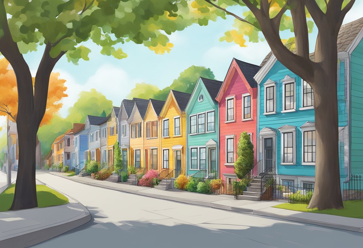 A row of colorful houses on 95 Marginal Street, with a cobblestone sidewalk and a few trees lining the road