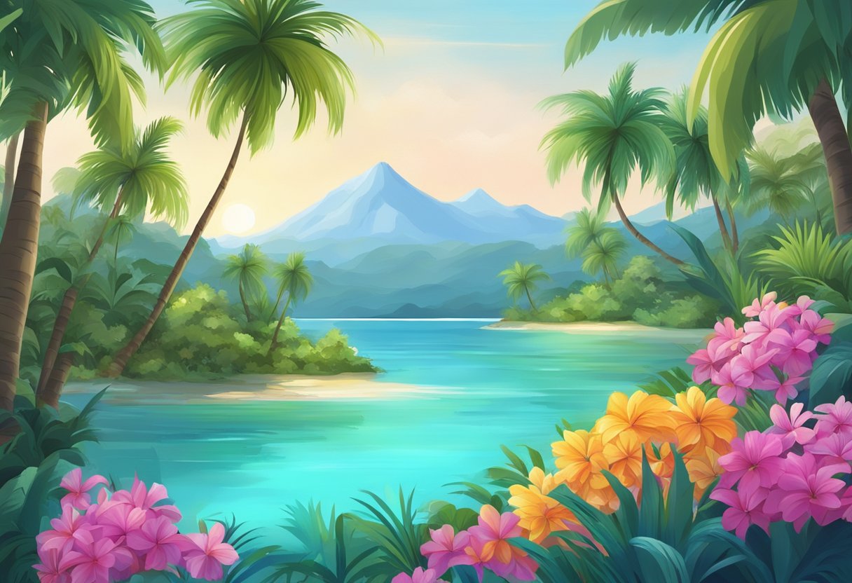 A lush tropical landscape with palm trees, vibrant flowers, and a crystal-clear lagoon. The scene is peaceful and inviting, with a sense of tranquil beauty