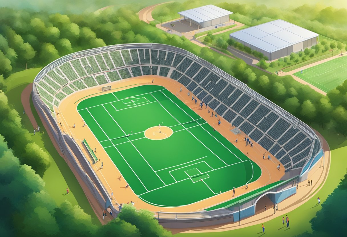 A sprawling sports complex with multiple fields, courts, and tracks. Families and athletes gather for games and practices amidst lush greenery