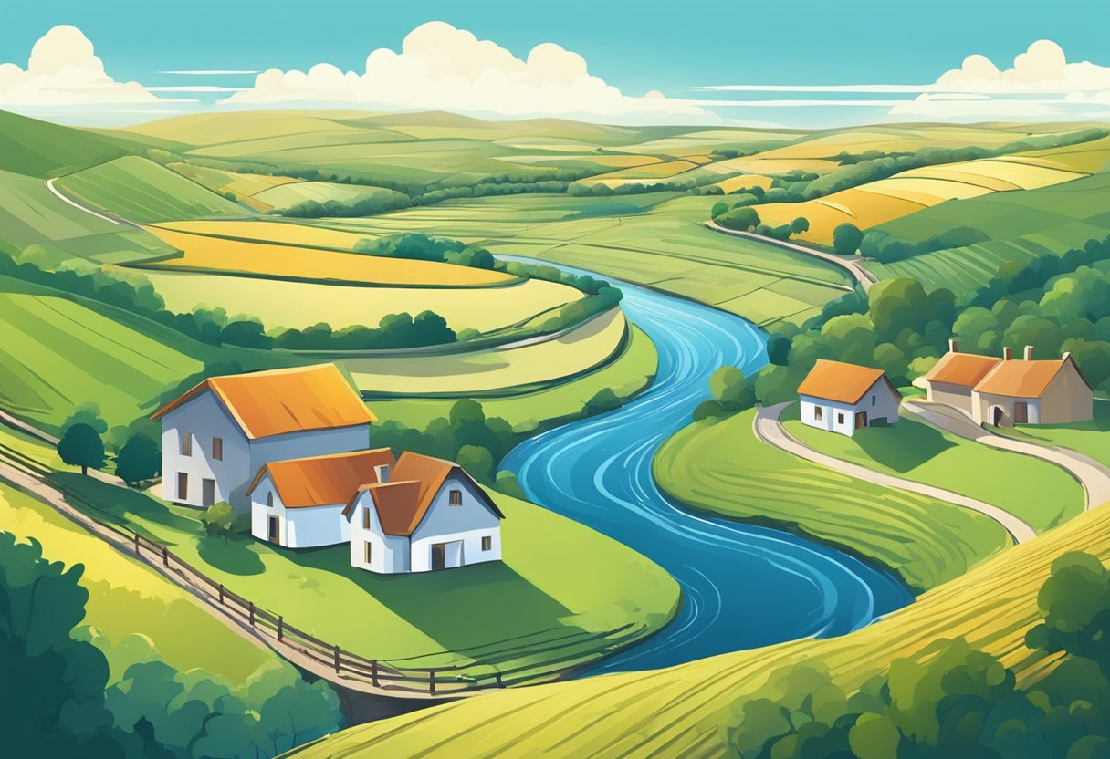 A rural landscape with a clear blue sky, a small town in the distance, and a winding river flowing through the countryside