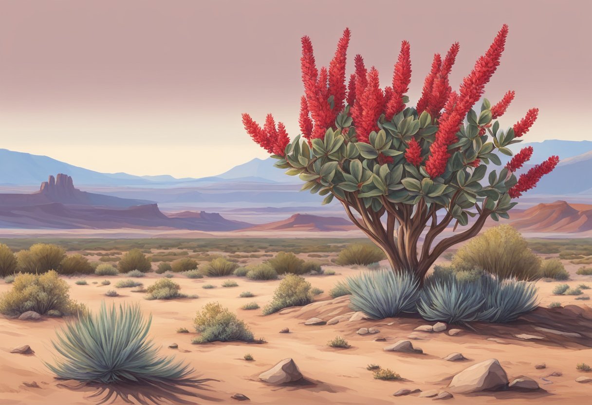 A vibrant red sage plant flourishing in the arid landscape of Sandy, Utah. The plant stands tall against the backdrop of sandy soil and rocky terrain