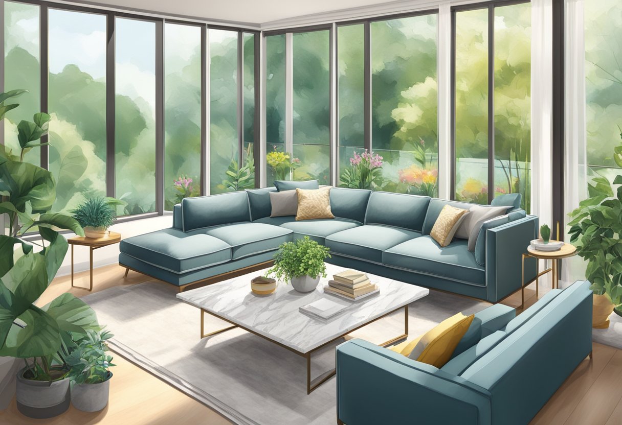 A modern living room with a plush sectional sofa, marble coffee table, and large windows overlooking a lush garden