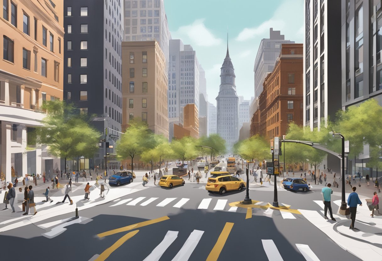 A bustling city intersection in Hudson Square, with tall buildings, traffic, and people moving about