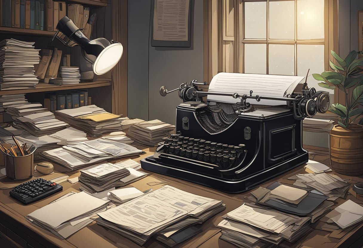 A cluttered desk with scattered papers and a vintage typewriter. A dimly lit room with a single window