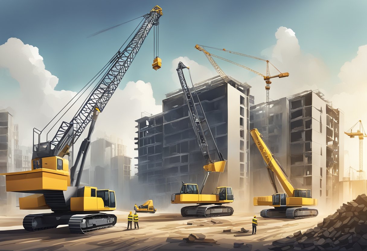A construction site with a crane lifting materials, workers in hard hats, and unfinished buildings