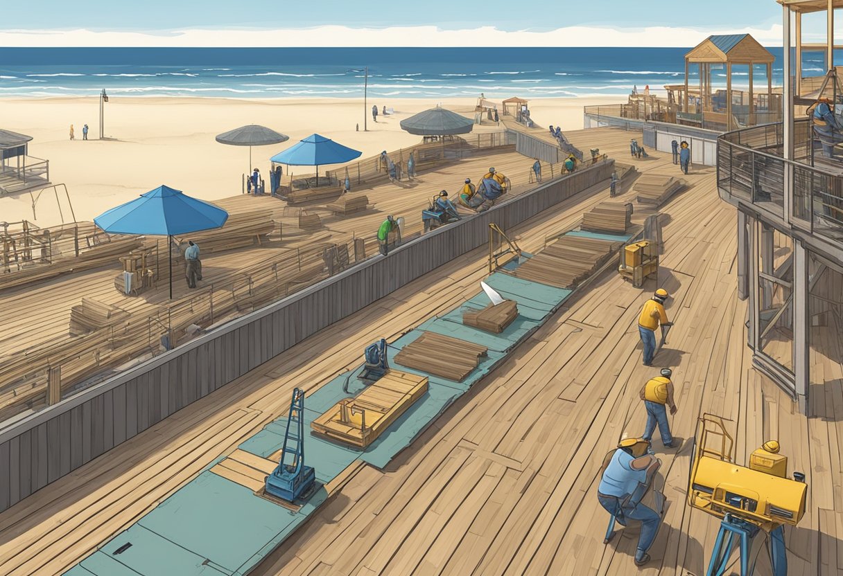 The seaside heights boardwalk is under construction. Workers are laying down new wooden planks and using heavy machinery to make repairs. The ocean is visible in the background
