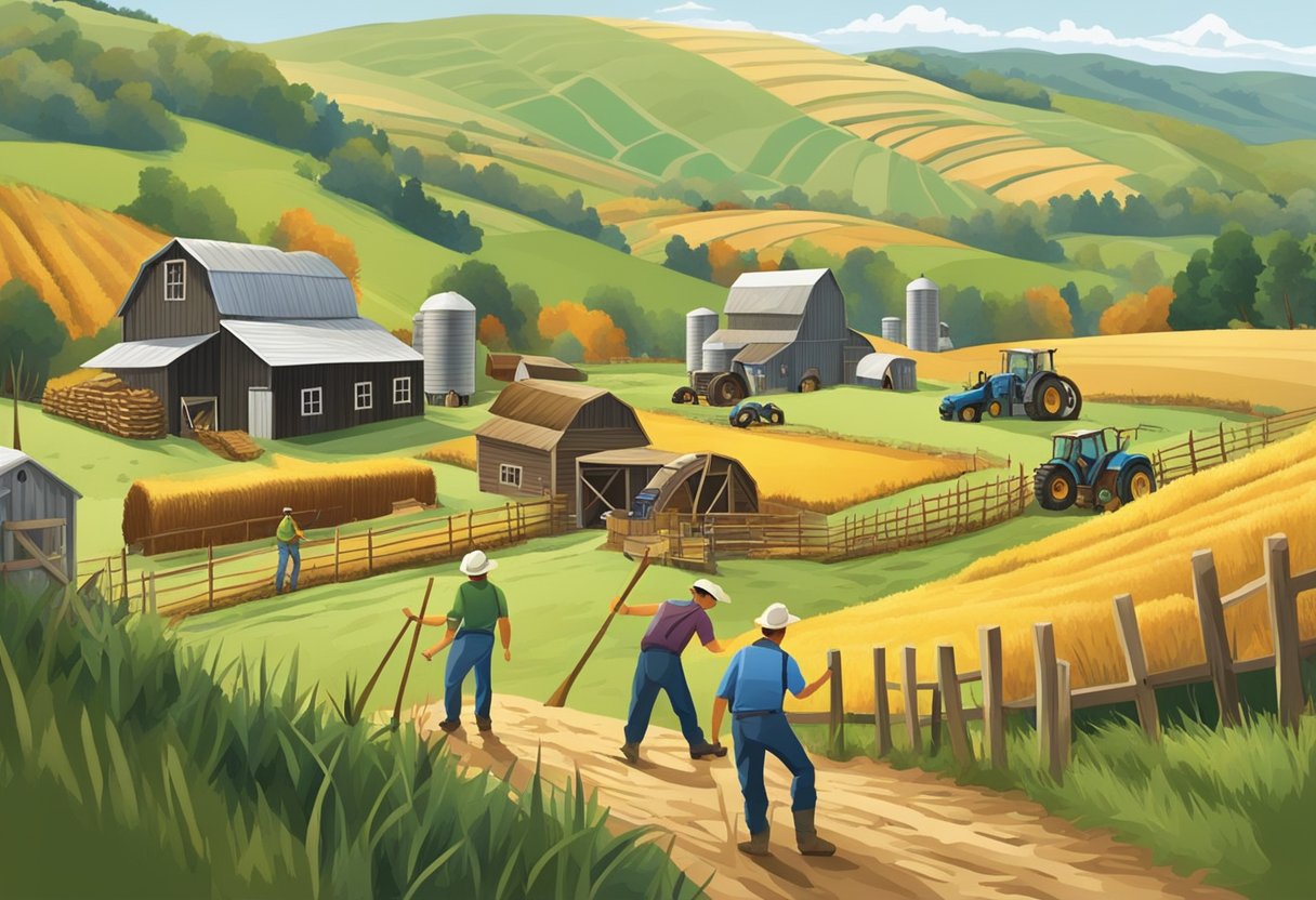 A rustic farm scene with builders constructing barns and fences amidst rolling hills and fields