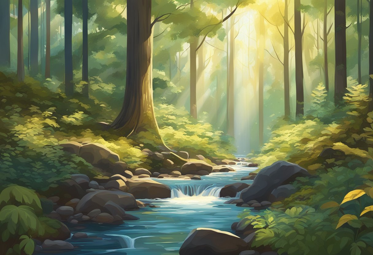 A peaceful forest clearing with a bubbling stream, surrounded by tall trees and vibrant foliage. Sunlight filters through the leaves, creating dappled patterns on the forest floor