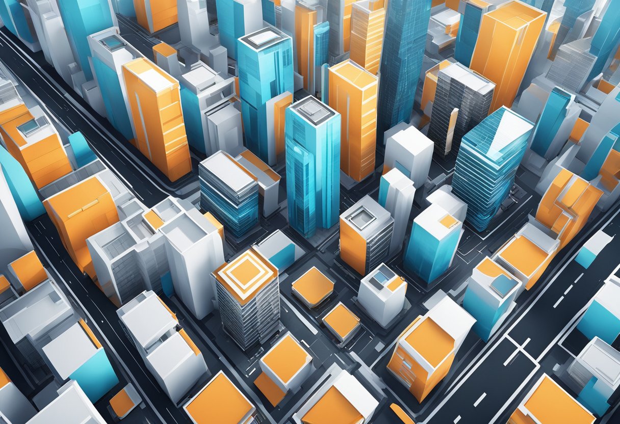 A futuristic cityscape with interconnected modular buildings rising into the sky, surrounded by advanced technology and sleek, streamlined designs