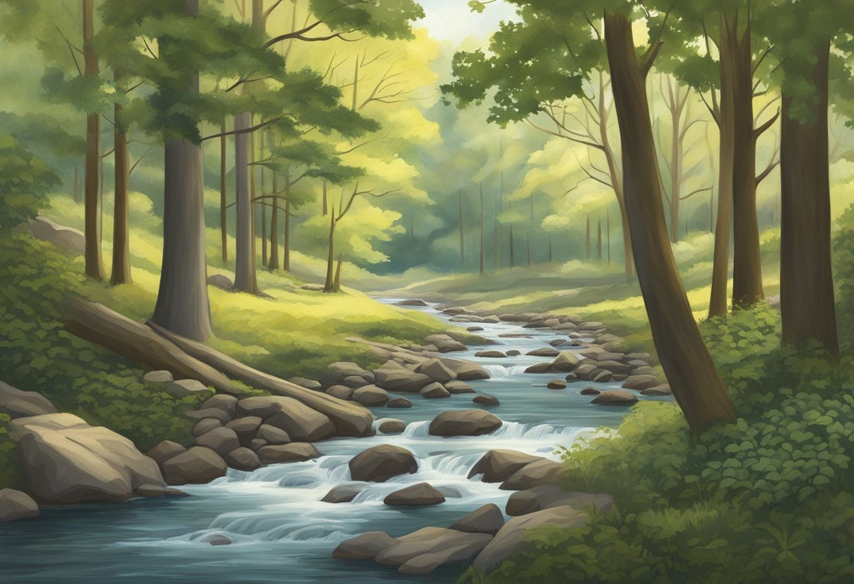 A serene forest landscape in North Carolina, featuring a variety of sturdy and healthy trees, such as oak, hickory, and maple, with a peaceful stream flowing through the background