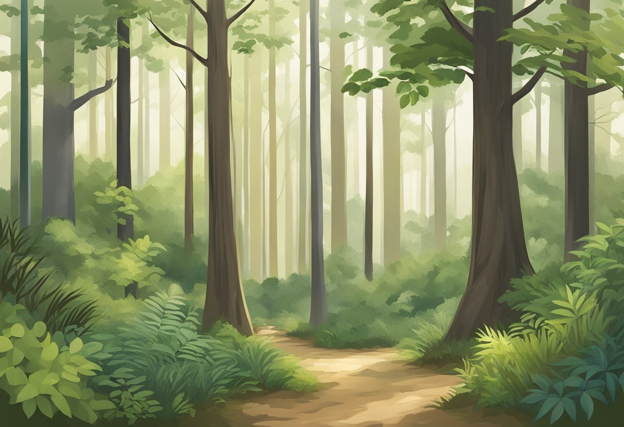 A serene forest scene with a variety of native trees in North Carolina, showcasing the top 10 safest trees. The illustration should highlight the lush greenery and diverse foliage of the trees