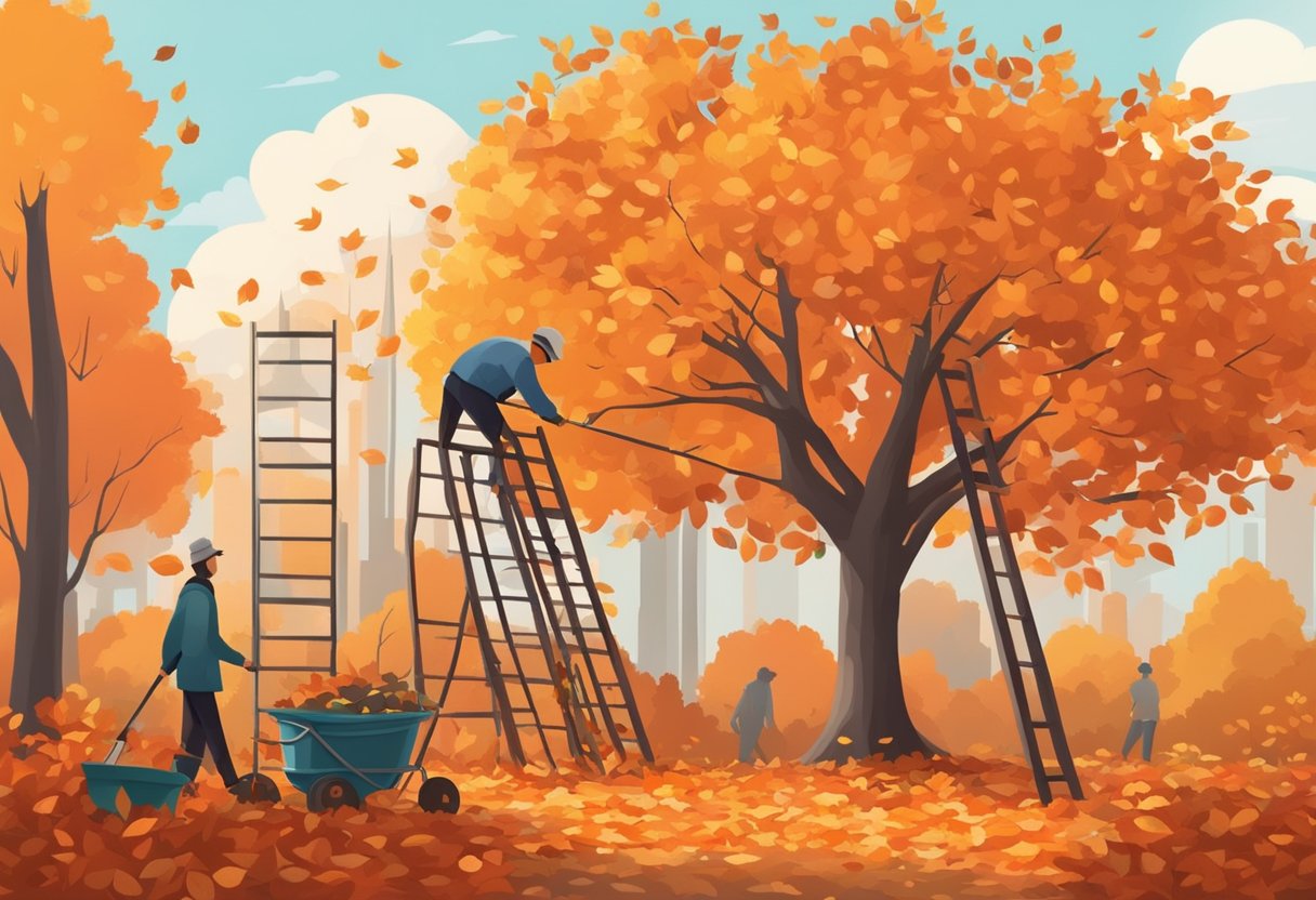 A person raking fallen leaves under a vibrant red and orange tree with a ladder nearby for pruning