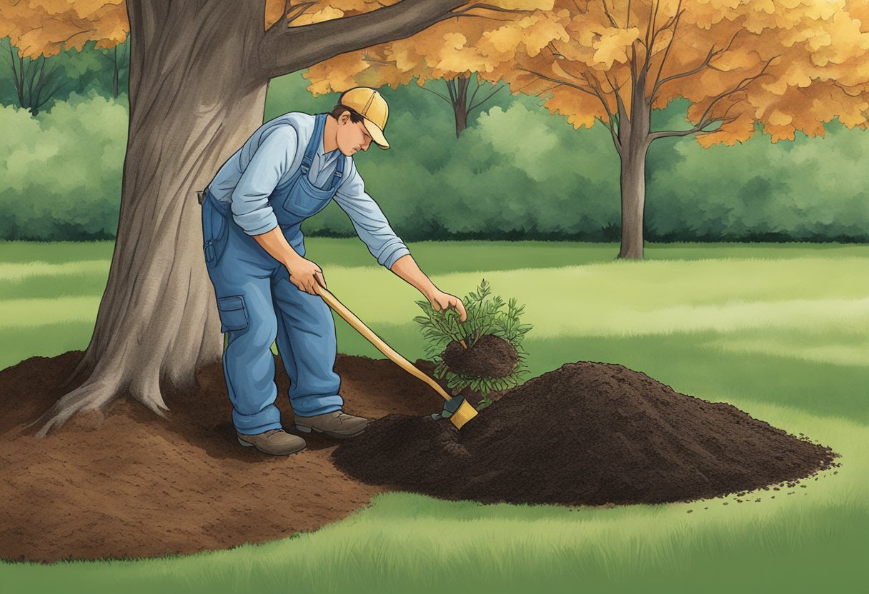 A gardener tending to the soil around a young tree, adding compost and mulch for fall maintenance in North Carolina